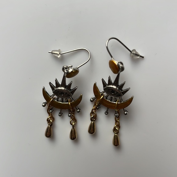 Crying Eye Moon Gold Tear OOAK dangle earrings Silver 2+ 20% off 3+ ship free - Picture 4 of 4